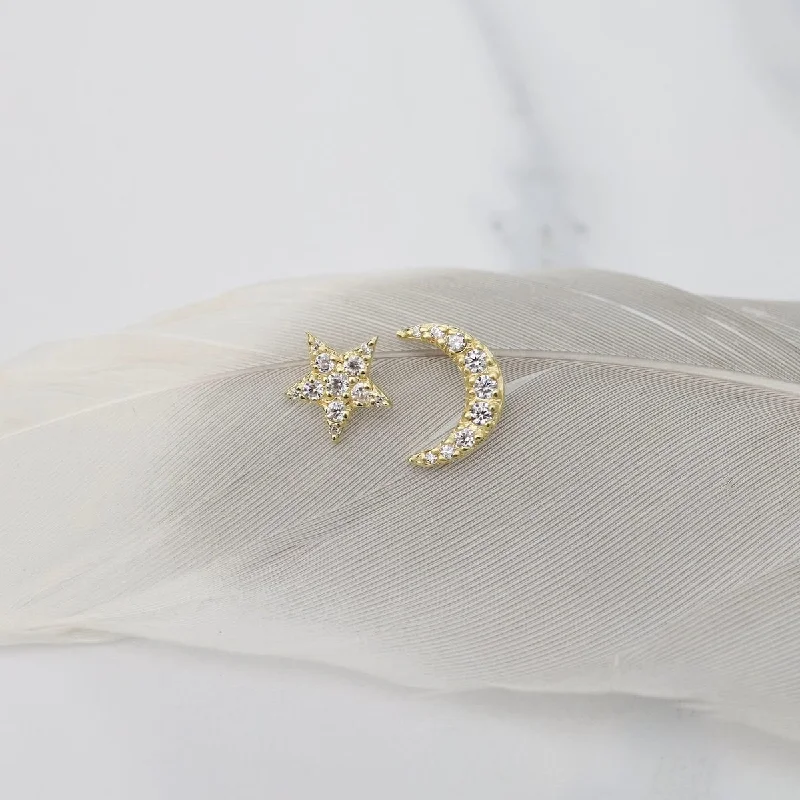 Gold Vermeil New CZ Pave Moon & Star Stud Earrings