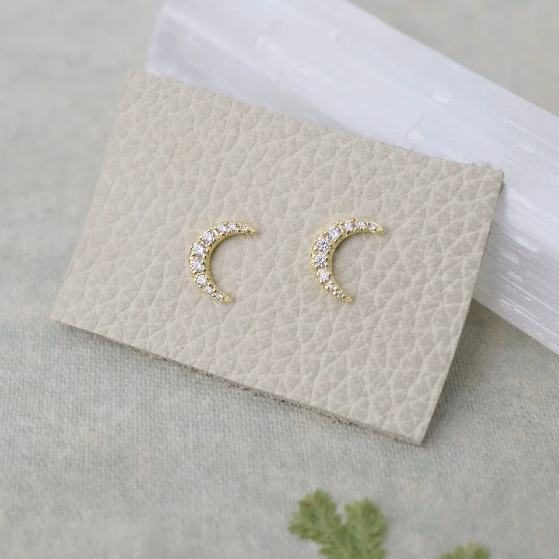 Gold Vermeil Pave Crescent Moon Stud Earrings