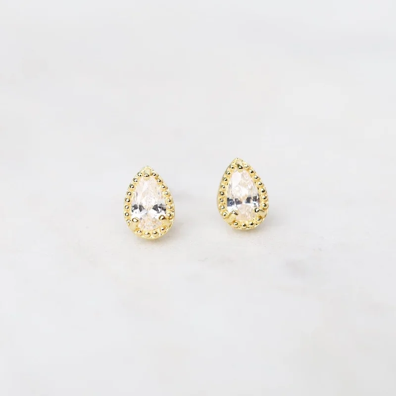 Gold Vermeil Milgrain Edge Pear CZ Stud Earrings