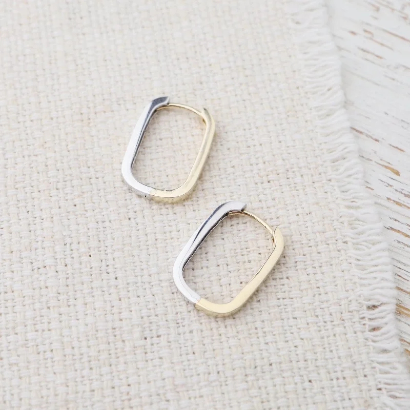 Thin Oval Reversible 14k Yellow & White Gold Huggies