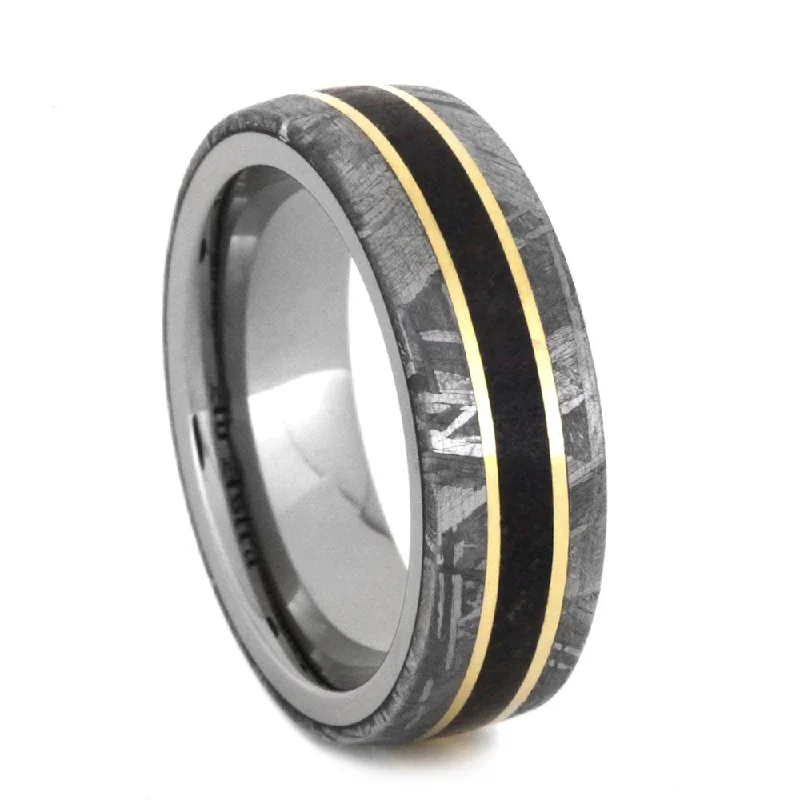 Gibeon Meteorite, Dinosaur Bone, 14k Yellow Gold 7mm Comfort-Fit Titanium Band