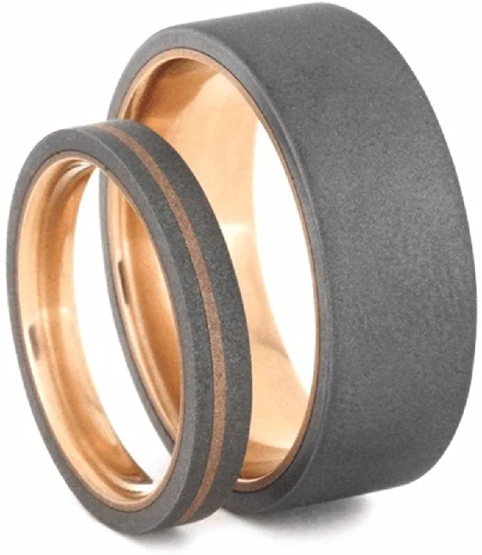 His and Hers Wedding Set, Sandblast Titanium Overlay, Comfort-Fit 14k Rose Gold Wedding Bands, M13.5-F5.5