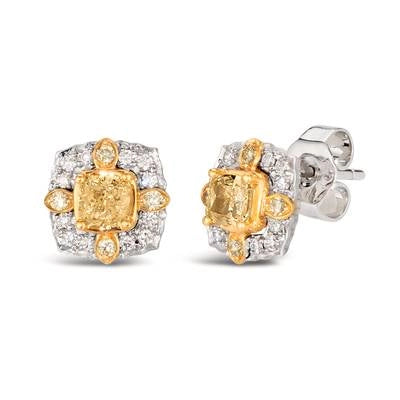 Le Vian Platinum Cushion Sunny Yellow Diamond Stud Earrings with Sunny Yellow and Vanilla Diamond Halo