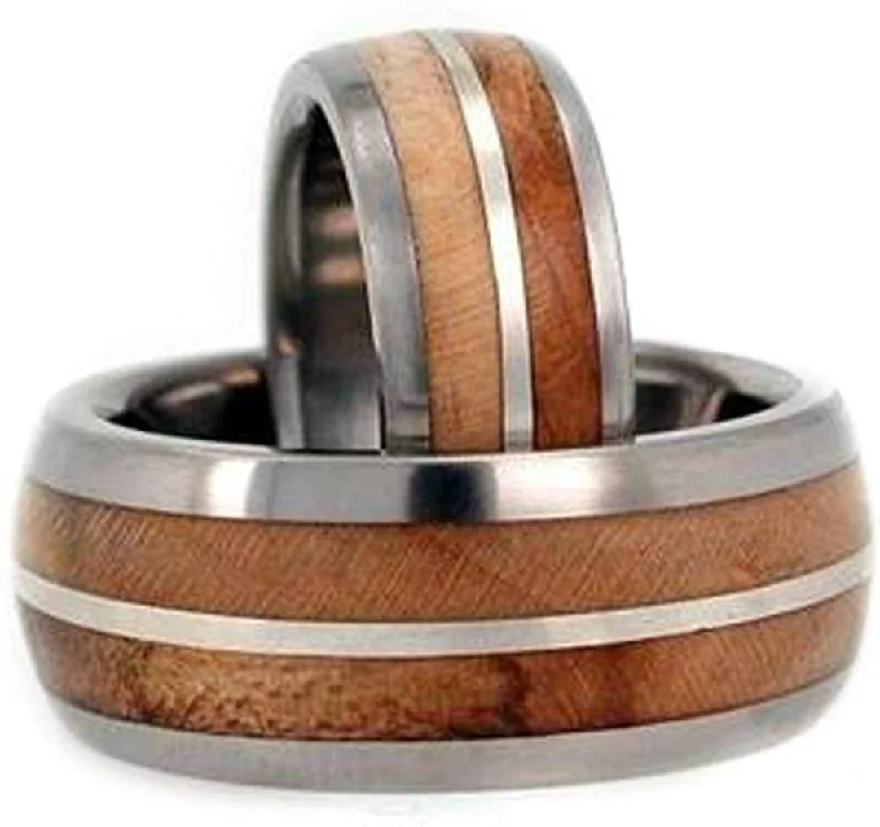 Maple Wood, Sterling Silver Comfort Fit Titanium Couples Wedding Band Set Size, M13.5-F6