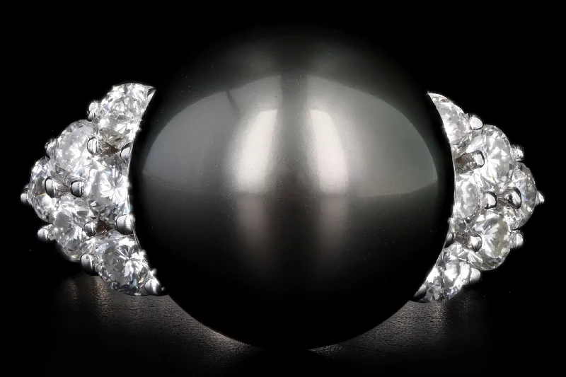 Modern 14K White Gold Cultured Tahitian Pearl & Diamond Ring