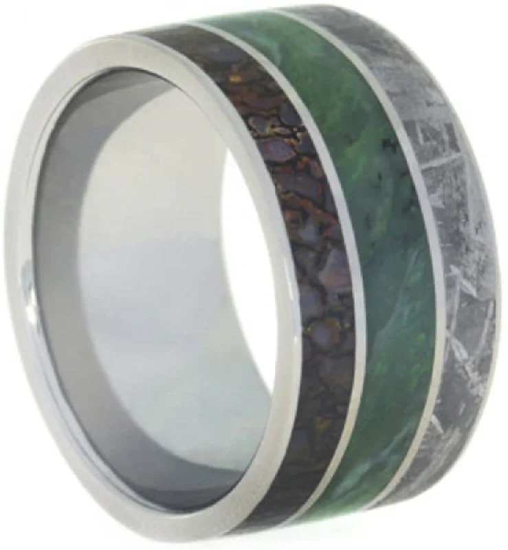 Nephrite Jade, Gibeon Meteorite, Dinosaur Bone 12mm Comfort-Fit Titanium Wedding Band, Size 13.25