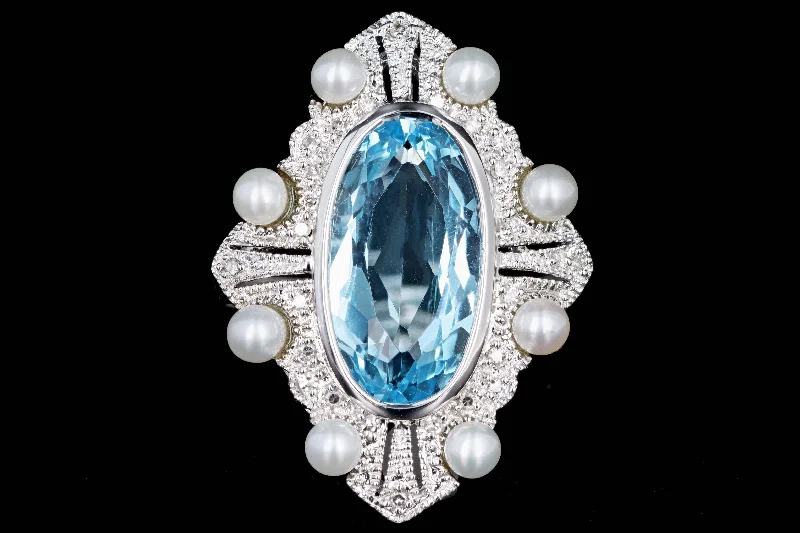 Modern 14K White Gold 4.50 Carat Blue Topaz & Cultured Pearl Ring