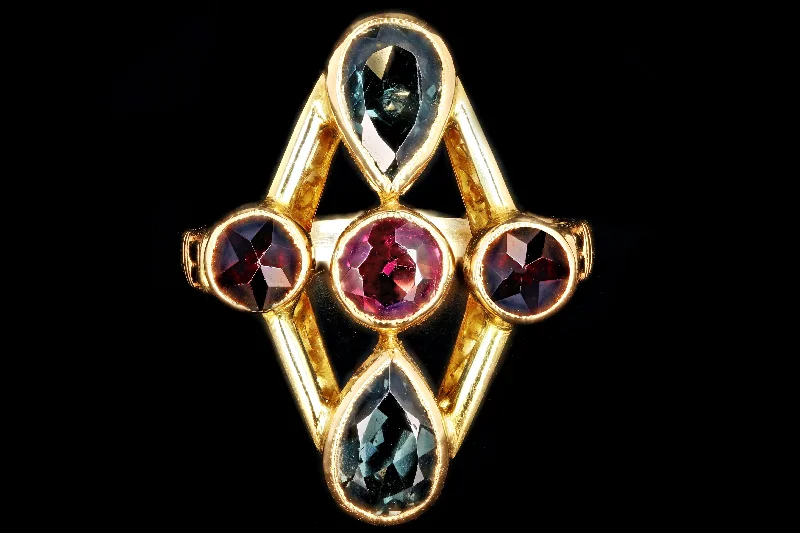 Modern 18K Yellow Gold .50 CT Rhodolite Garnet and Sapphire Statement Ring