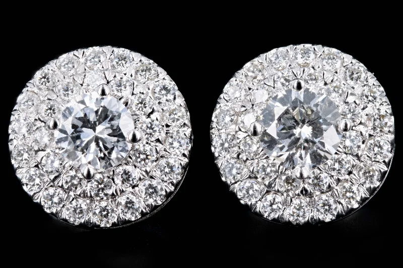 New 18K White Gold .95 Carat Total Weight Round Brilliant Cut Diamond Double Halo Stud Earrings