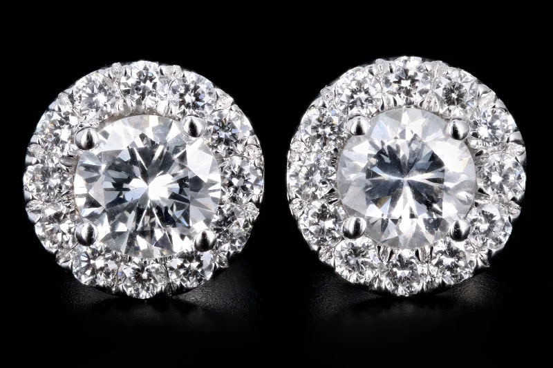 New 18K White Gold .75 Carat Round Brilliant Cut Diamond Halo Stud Earrings