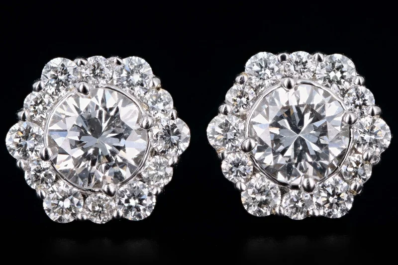 New 18K White Gold .80 Carats Total Round Brilliant Cut Diamond Halo Stud Earrings