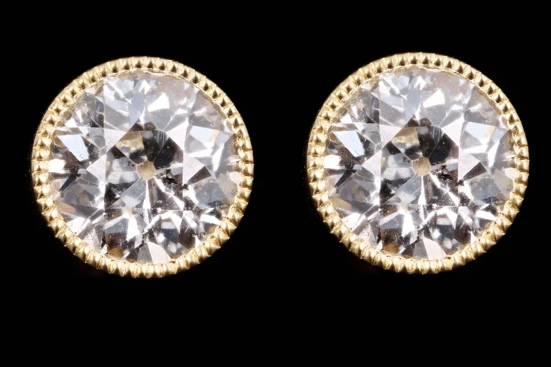 New 18K Yellow Gold 1.80 Carat Old European Cut Diamond Bezel Set Stud Earrings