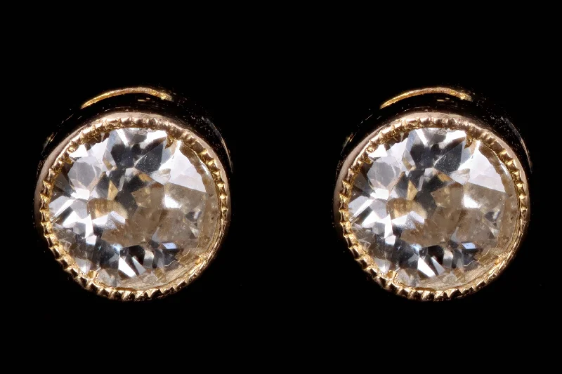 New 14K Yellow Gold .25 Carat Old Mine Cut Diamond Bezel Set Stud Earrings