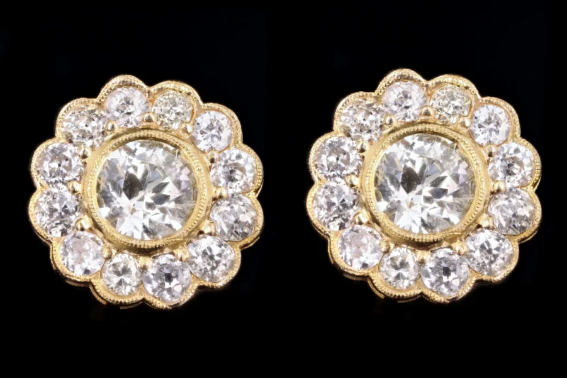 Edwardian 14K Yellow Gold 4.11 Carat Total Weight Old European Cut Diamond Stud Earrings