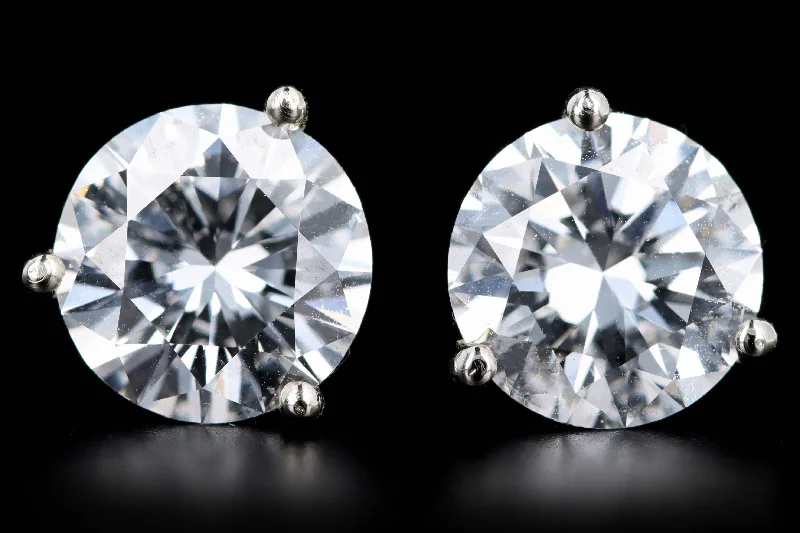 New 14K White Gold 3.06 Carat Round Brilliant Cut Diamond Martini Stud Earrings GIA Certified