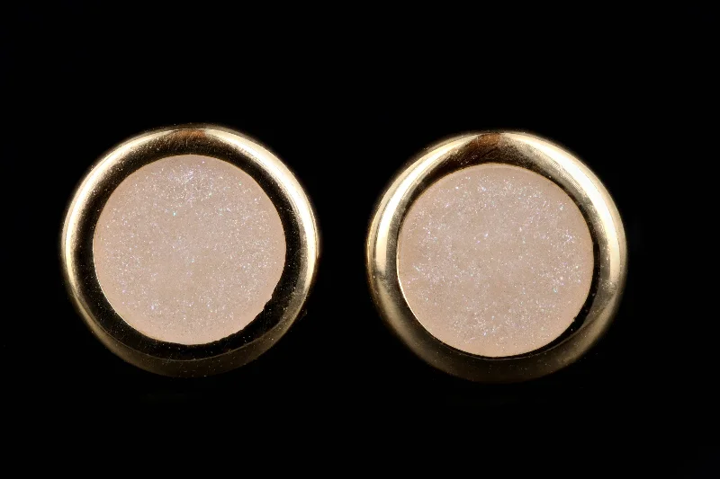 New 14K Yellow Gold Pearl Enamel Disk Stud Earrings