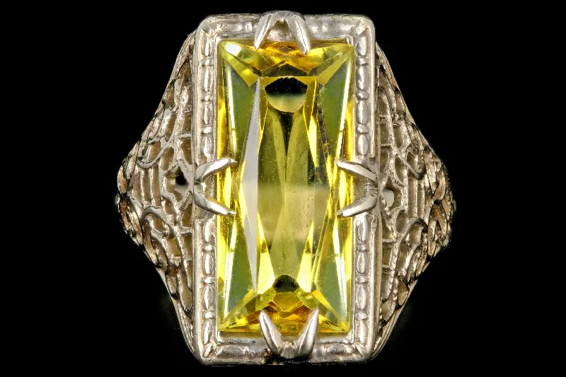 Art Deco 14K White Gold 3 CTR Synthetic Yellow Sapphire Ring