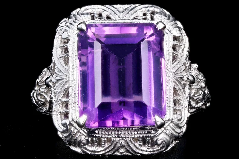 Art Deco 14K White Gold 4.56 Carat Amethyst Ring