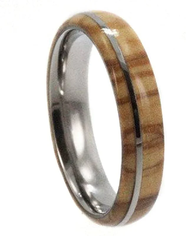 Olive Wood, Titanium Pinstripe 6mm Comfort Fit Titanium Wedding Band, Size 8.25