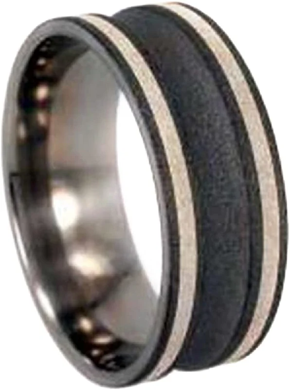 Scoop Profile, Sterling Silver Pinstripes 9mm Comfort Fit Sandblasted Titanium Wedding Band, Size 9.25