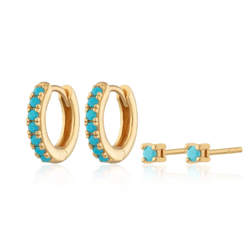 Turquoise Stone Huggie and Tiny Stud Set of Earrings