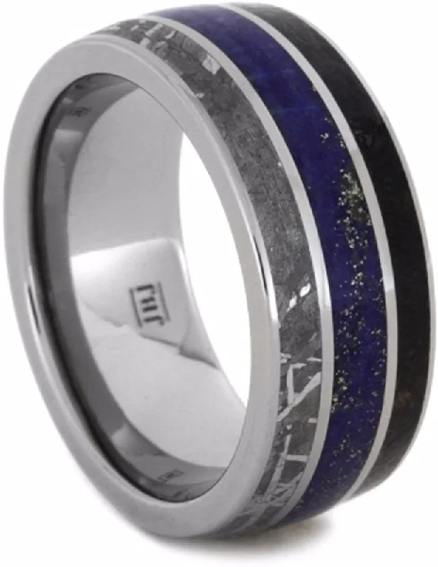 The Men's Jewelry Store (Unisex Jewelry) Dinosaur Bone, Gibeon Meteorite, Lapis Lazuli 10mm Comfort-Fit Titanium Wedding Band, Size 4.25