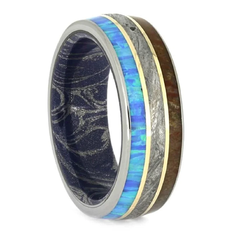 The Men's Jewelry Store (Unisex Jewelry) Synthetic Opal, Dinosaur Bone, Meteorite, 14k Yellow Gold, Titanium 8mm Comfort-Fit Mokume Sleeve Band