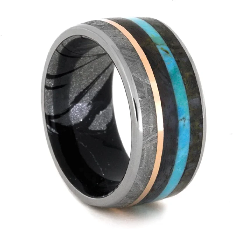 Dinosaur Bone, Meteorite, Petrified Wood, 14k Rose Gold, Turquoise, Titanium, 10mm Black and White Mokume Gane Band