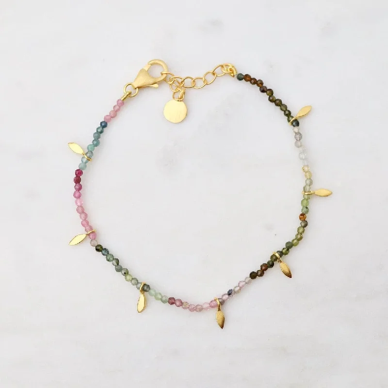 Multi Tourmaline Beads with Gold Leaves Bracelet