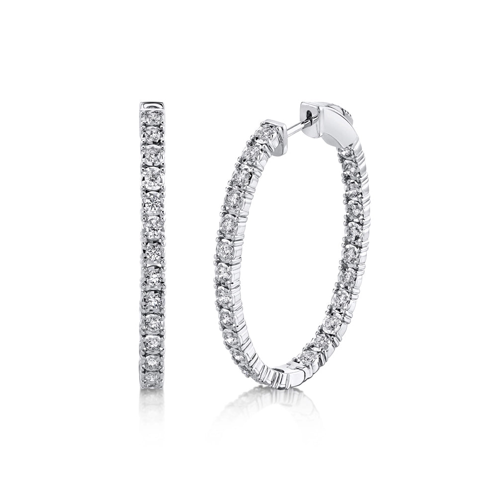 14K White Gold Diamond Oval Hoop Earrings