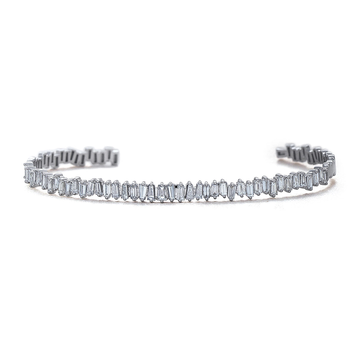 14K White Gold Jagged Baguette Diamond Cuff Bracelet