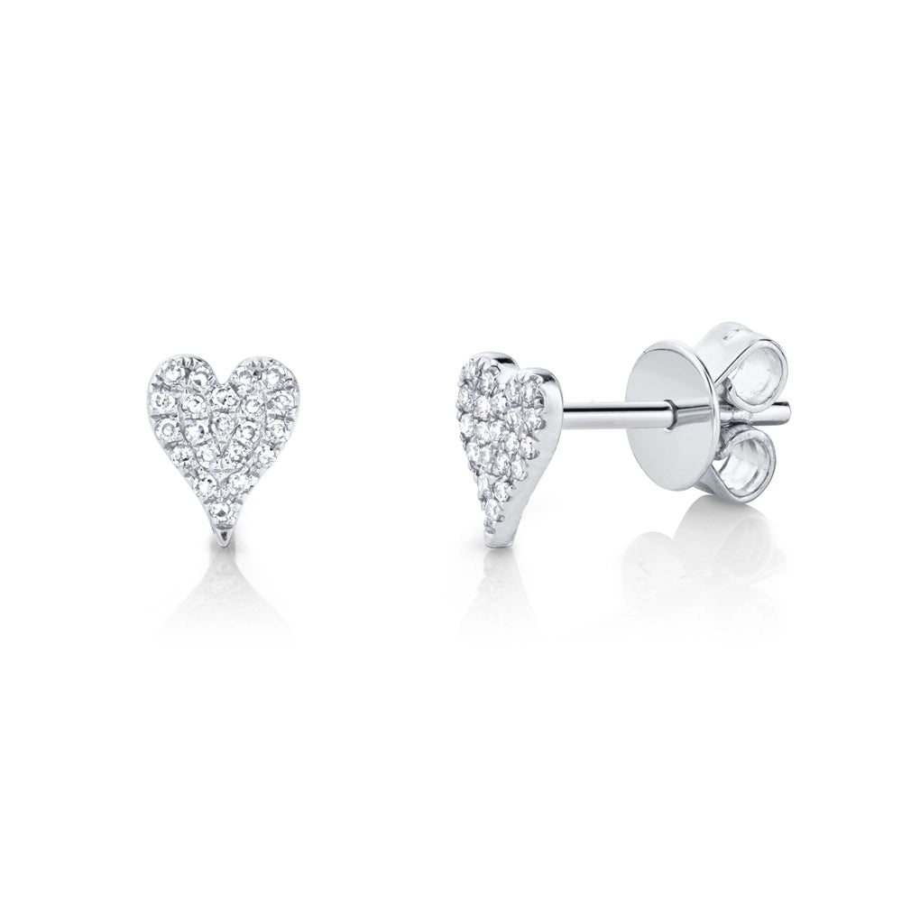 14K White Gold Pave Diamond Heart Stud Earrings