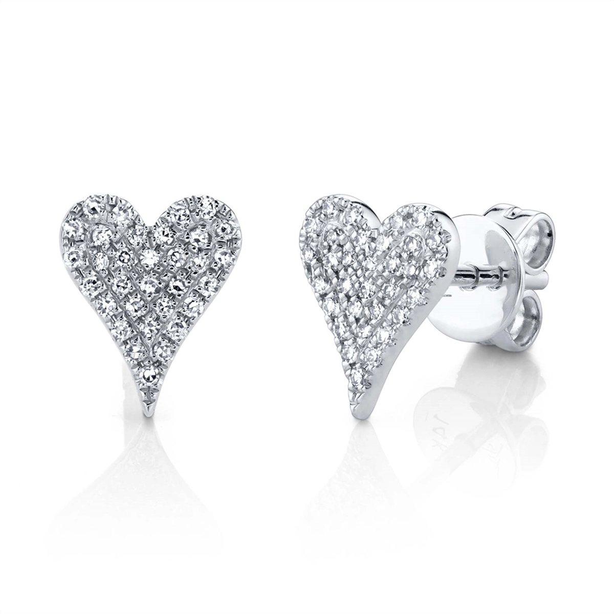 14K White Gold Pave Diamond Heart Stud Earrings