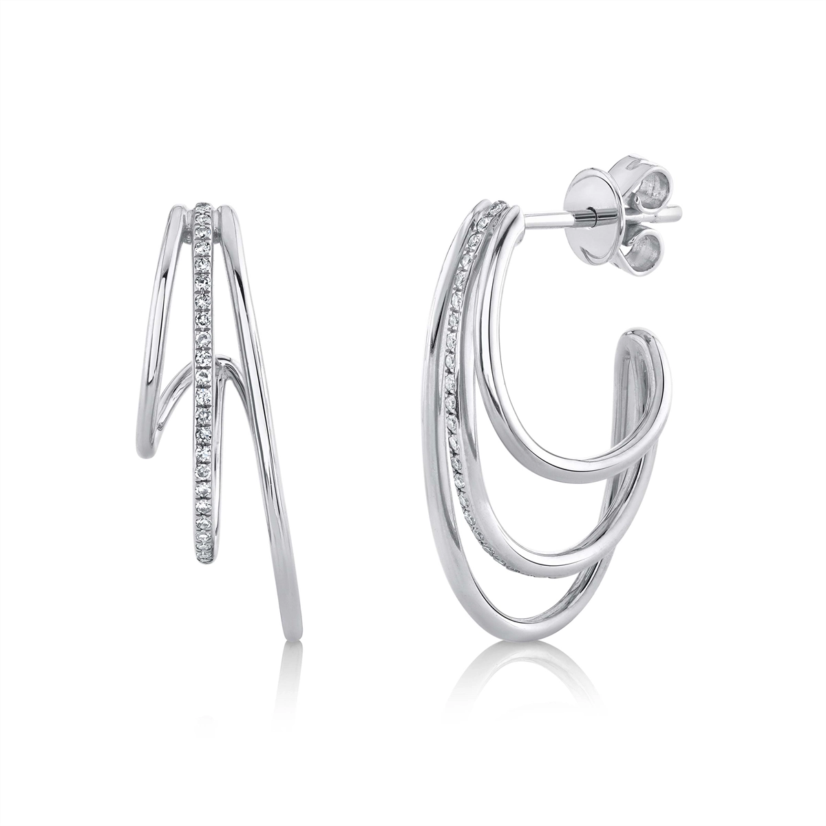 14K White Gold Triple Hoop Diamond Earrings