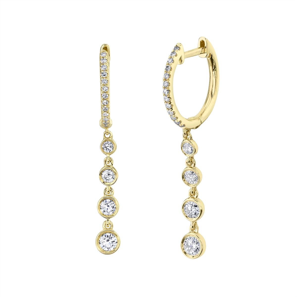 14K Yellow Gold Bezel Diamond Dangle Hoop Earrings