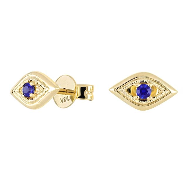 14K Yellow Gold Blue Sapphire Eye Stud Earrings