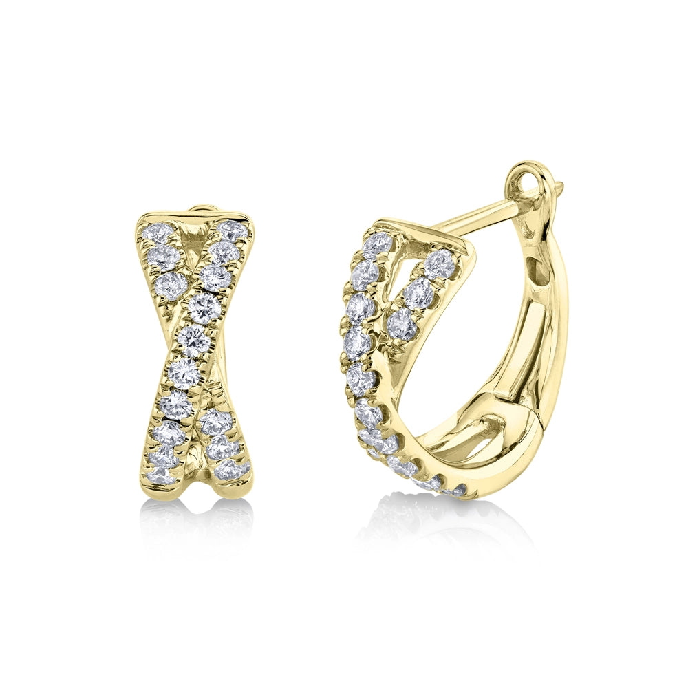 14K Yellow Gold Diamond Crossover Huggie Hoop Earrings