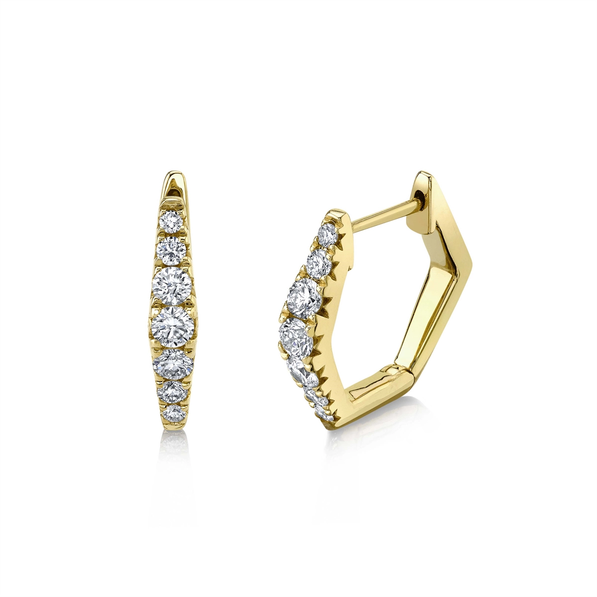 14K Yellow Gold Diamond Hexagon Huggie Hoop Earrings