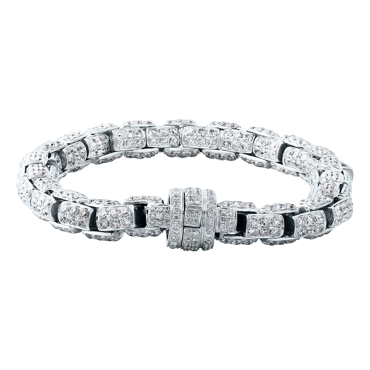 18K White Gold Pavé Diamond Barrel Link Bracelet (Estate - 16.31 carats)