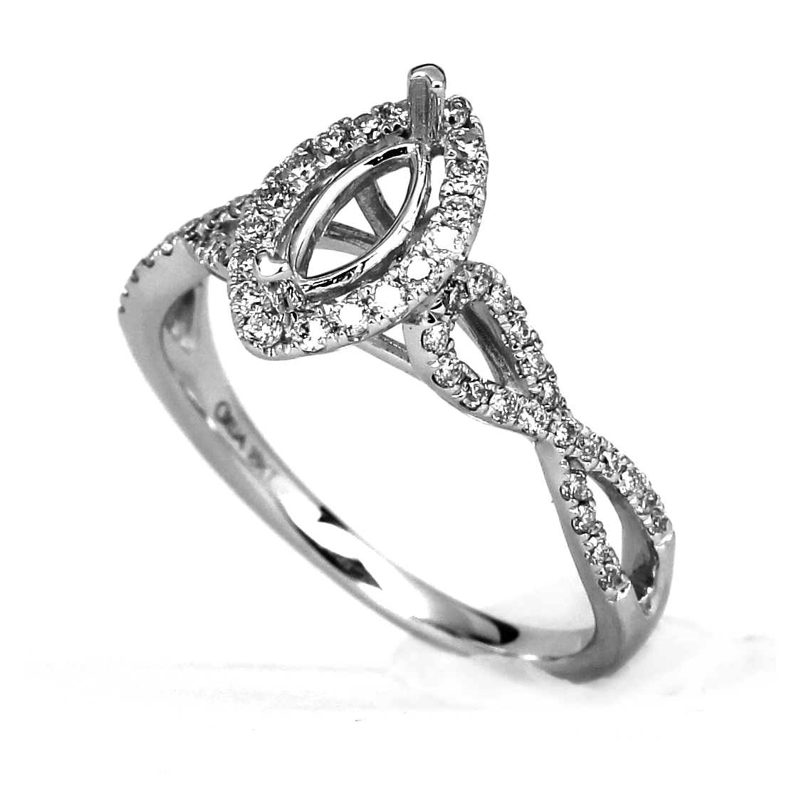 18K White Gold Semi Mount, Marquise Halo, Infinity Shank