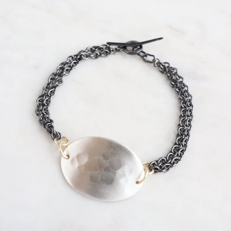 Silver Oval ID bracelet with 18k Gold and Oxidized Chain