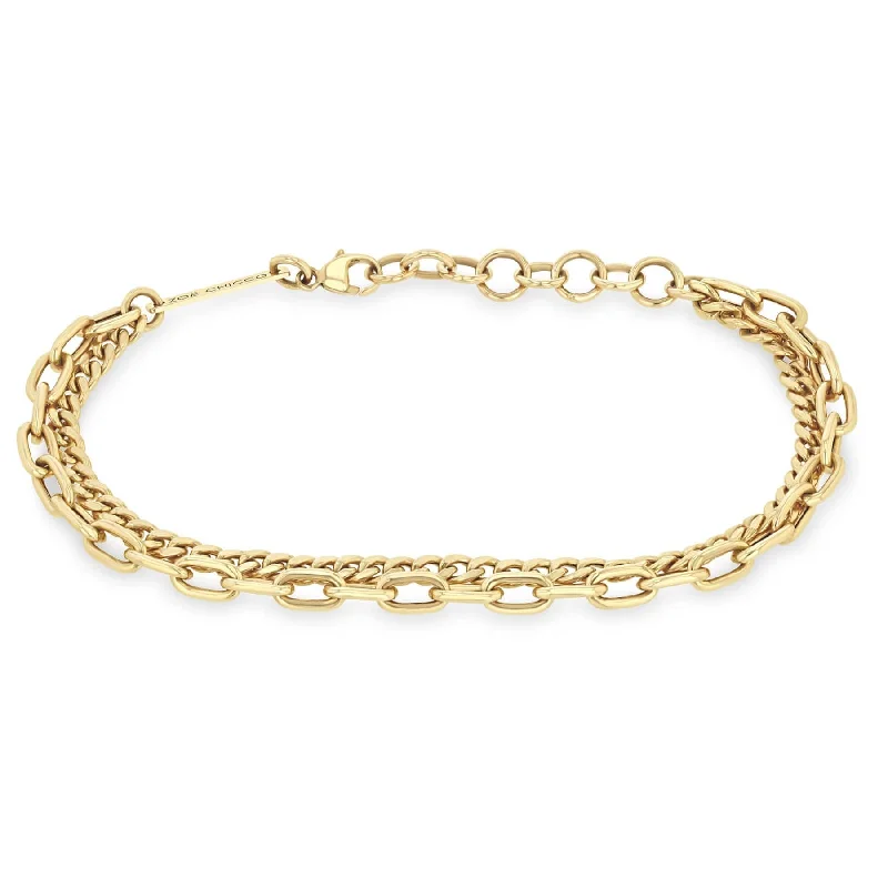 14k Gold Double Chain Small Curb & Medium Square Oval Chain Bracelet