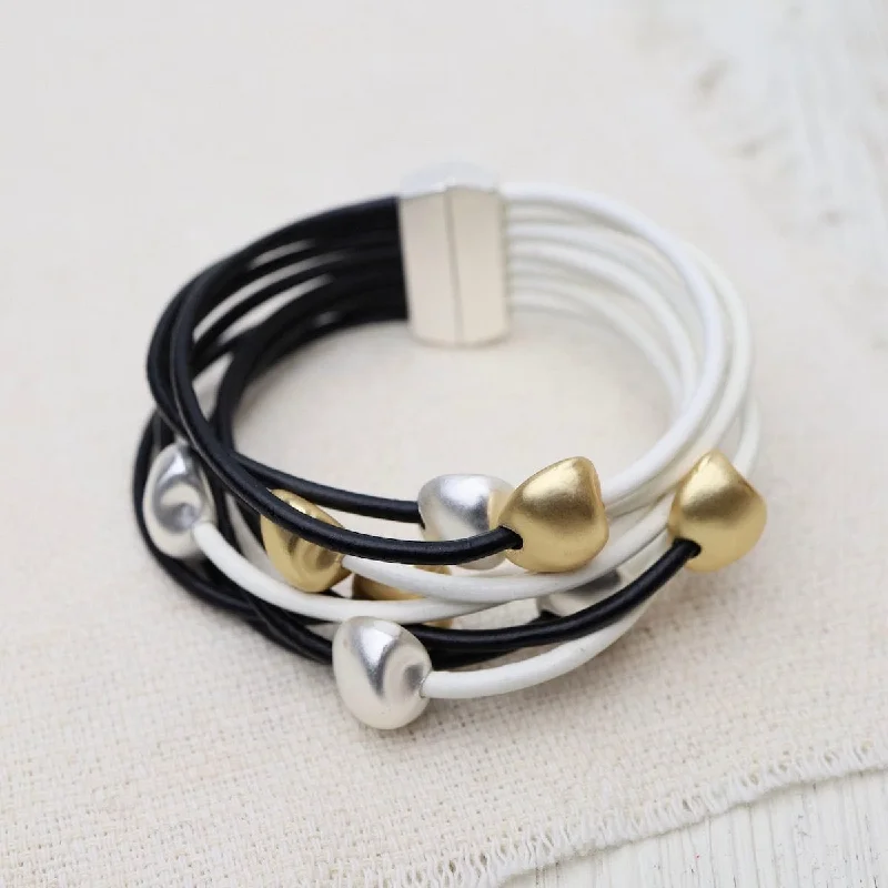 Matte Silver & Gold Beads on Black & White Leather Bracelet