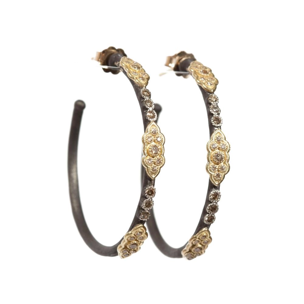 Armenta Old World Blackened Sterling Silver Hoop Earrings with 18K Yellow Gold Scrolls with Champagne Diamonds