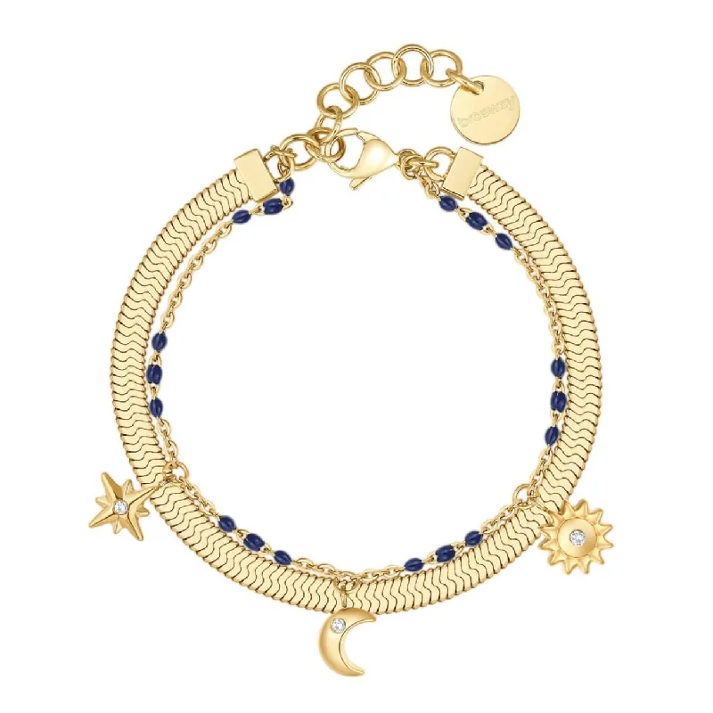 Stainless Steel Gold Tone Double Chain Bracelet with Blue Enamel and Charms