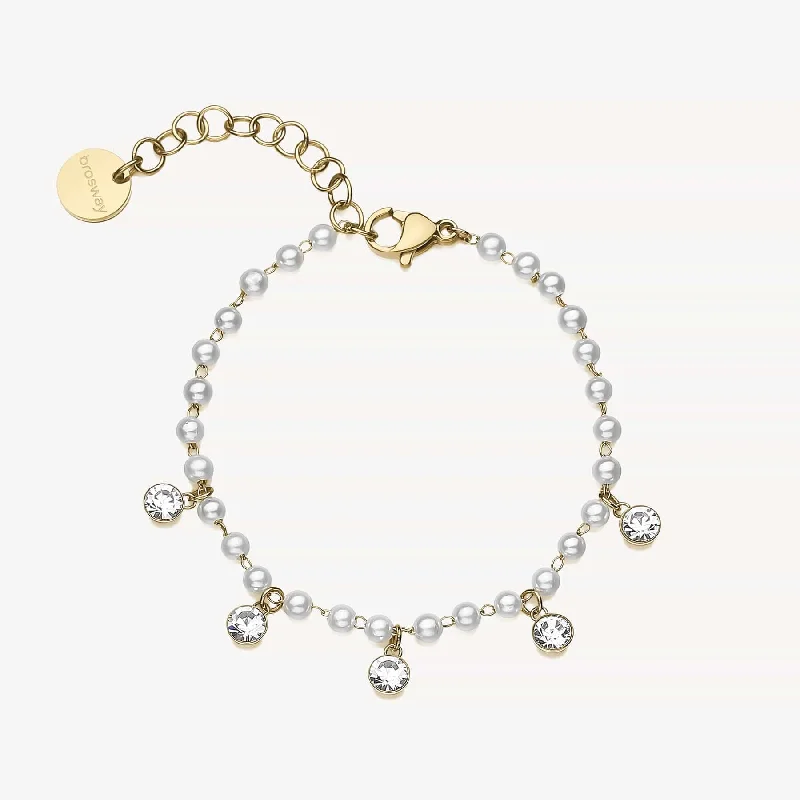 Stainless Steel Gold Tone Bracelet with Crystals & Shell-Pearls