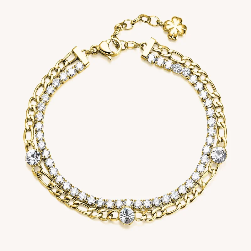 Stainless Steel Gold Tone Double Bracelet with Crystal Line and Chain with Stations