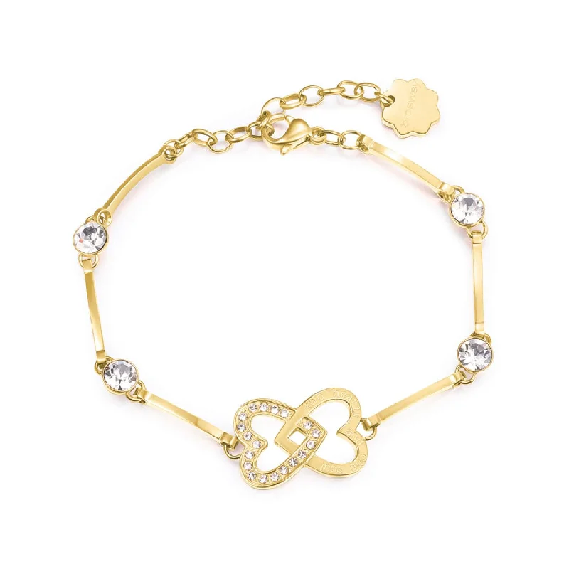 Stainless Steel Gold Tone Chakra Bracelet - Two Hearts with Crystals