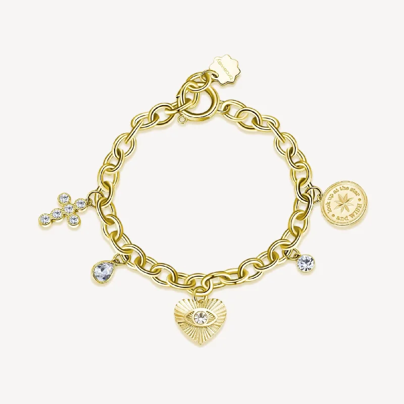 Stainless Steel Gold Tone Chakra Bracelet with Heart  & Cross Charms