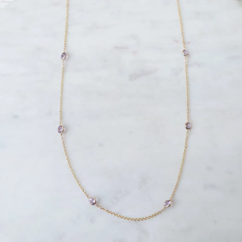 Yellow Gold & Pink Amethyst 8 Stone Station Necklace